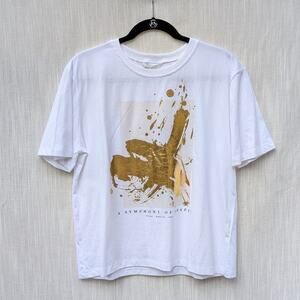 Zara White Tee with Gold Paint Graphic - Short Sleeve